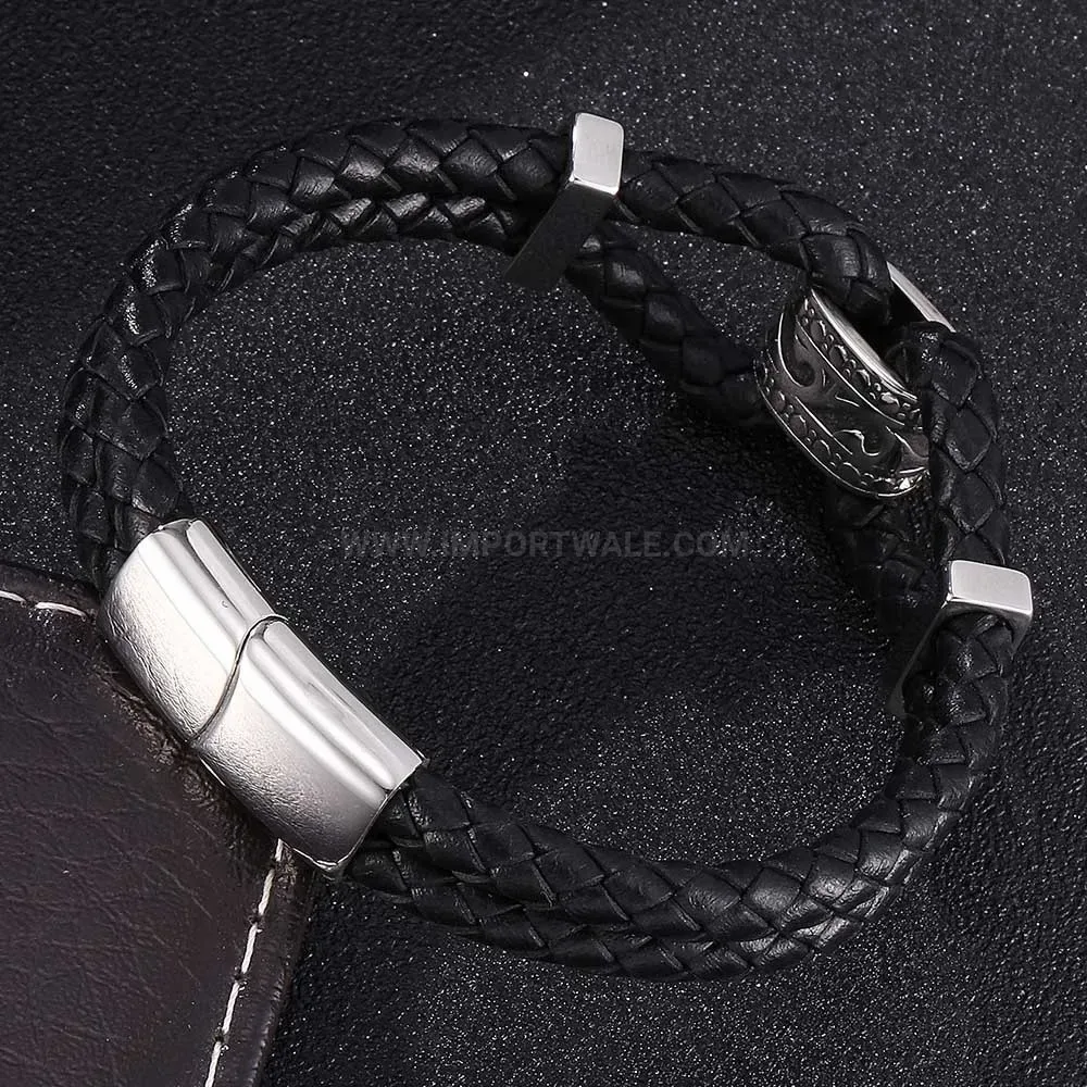Woven Leather and Stainless Steel Punk Style Clasp Wrap Bracelet