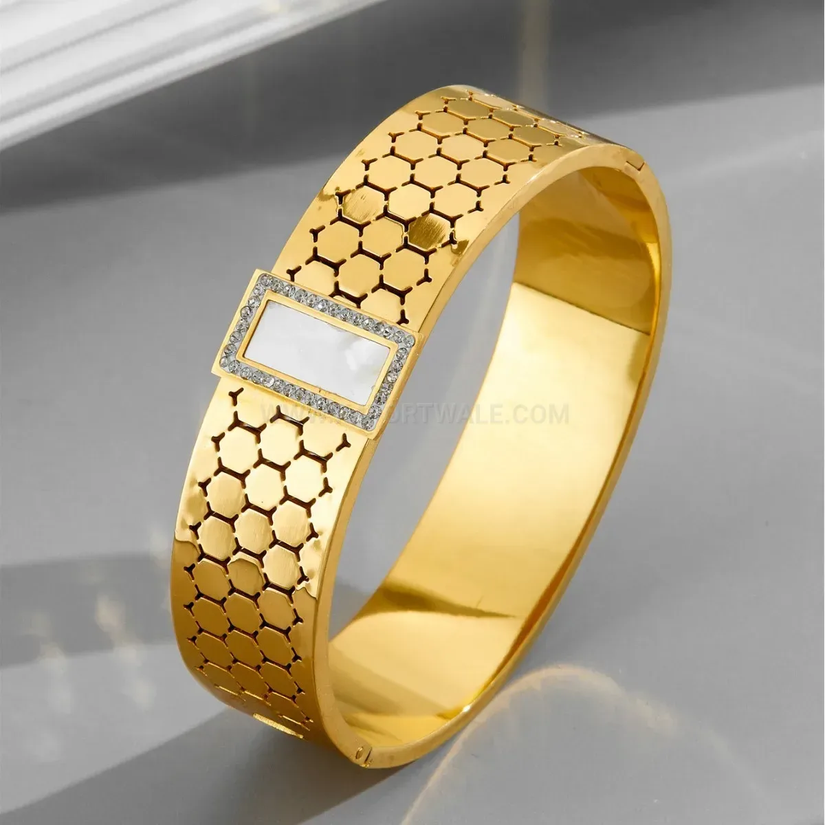 Mother of Pearl and Cubic Zirconia Titanium Steel Bangle Bracelet