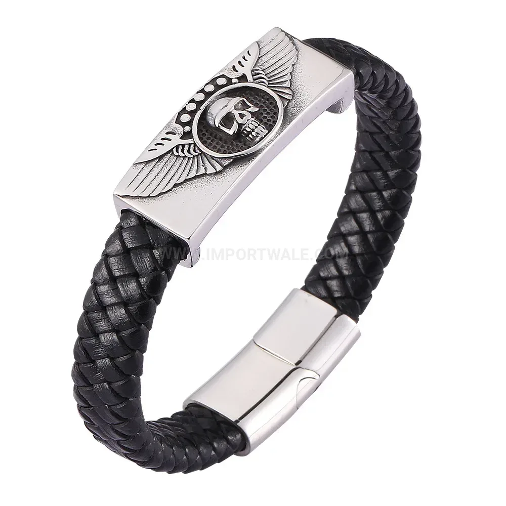 Vintage Skull Stainless Steel Woven Leather Wristband for Men