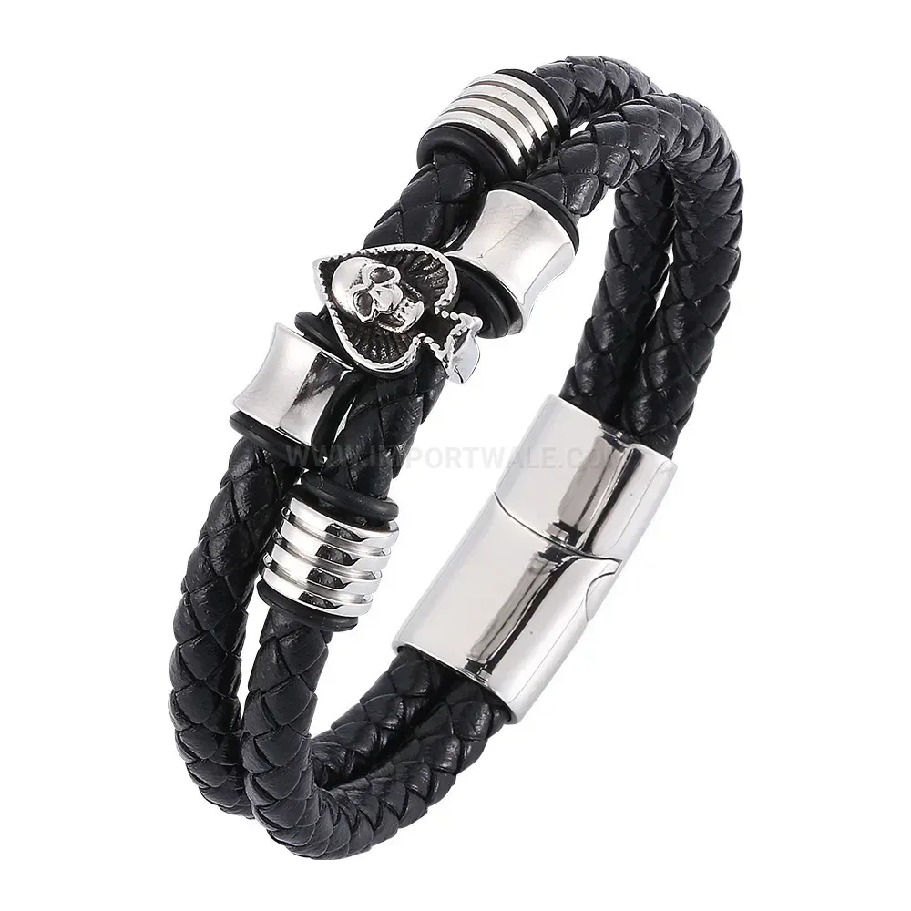 Designer Woven Leather Skull Detail Stainless Steel Charm Bangle
