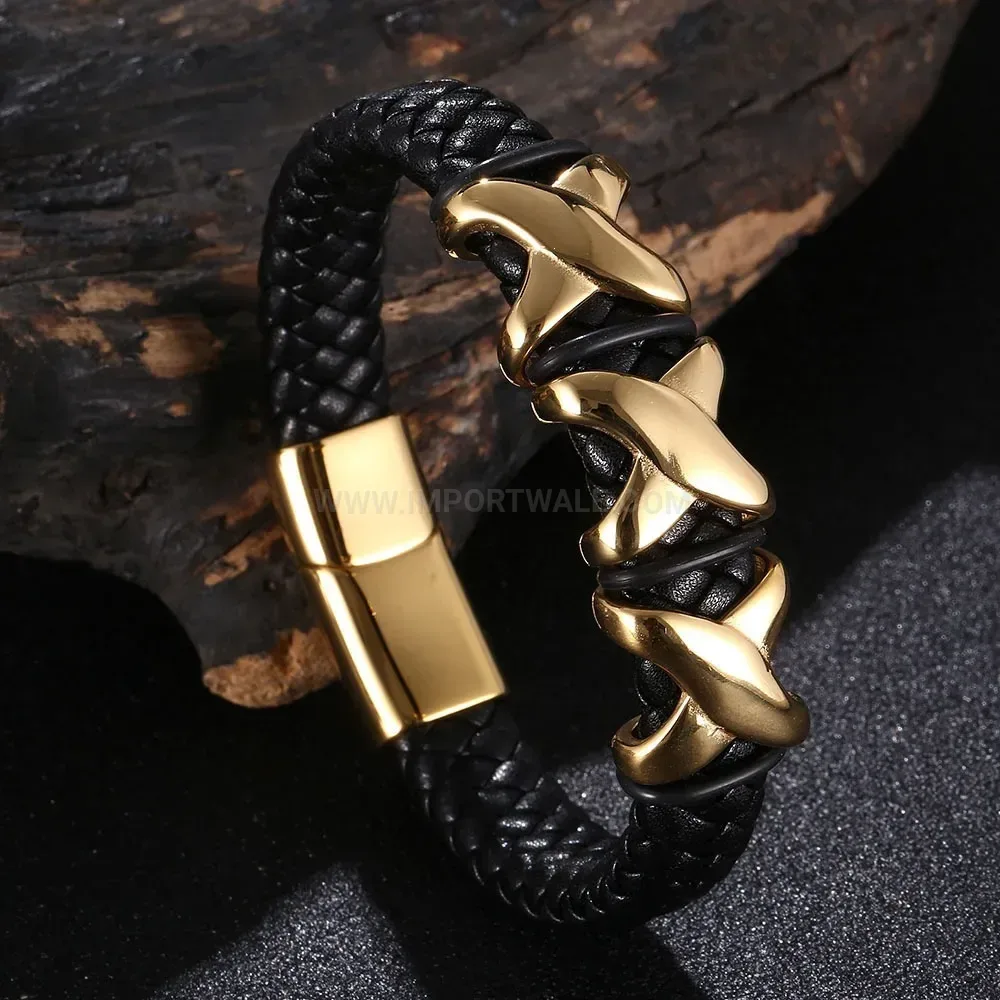 Gold Plated Stainless Steel Woven Leather Men Bracelet