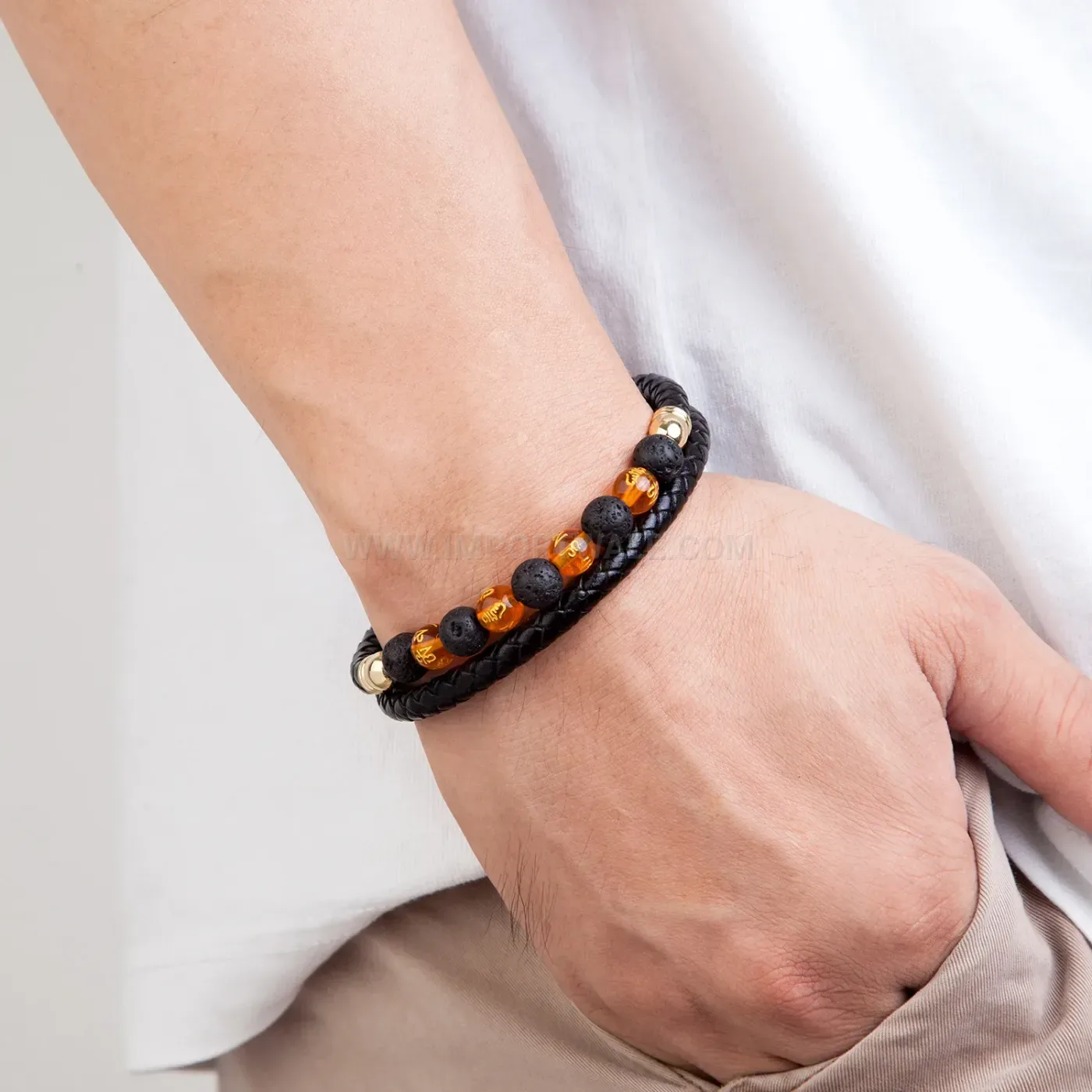 Woven Leather Stone Bead Wristband with Stainless Steel Closure