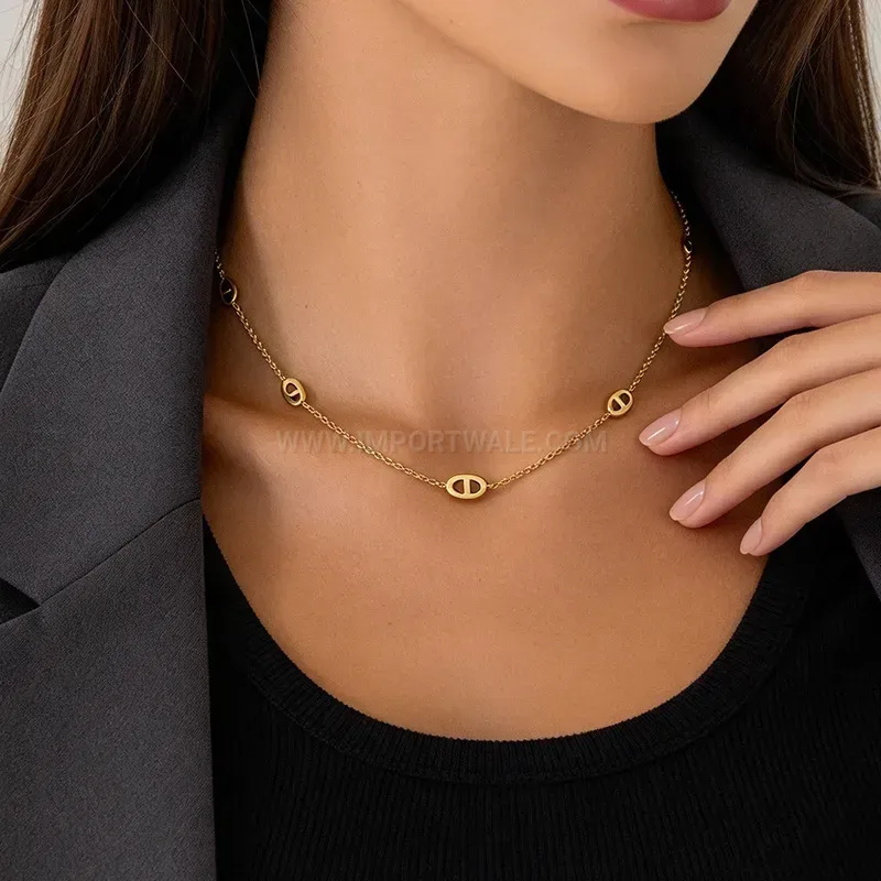 Fashion Gold Plated Stainless Steel Pig Nose Chain Jewelry Set