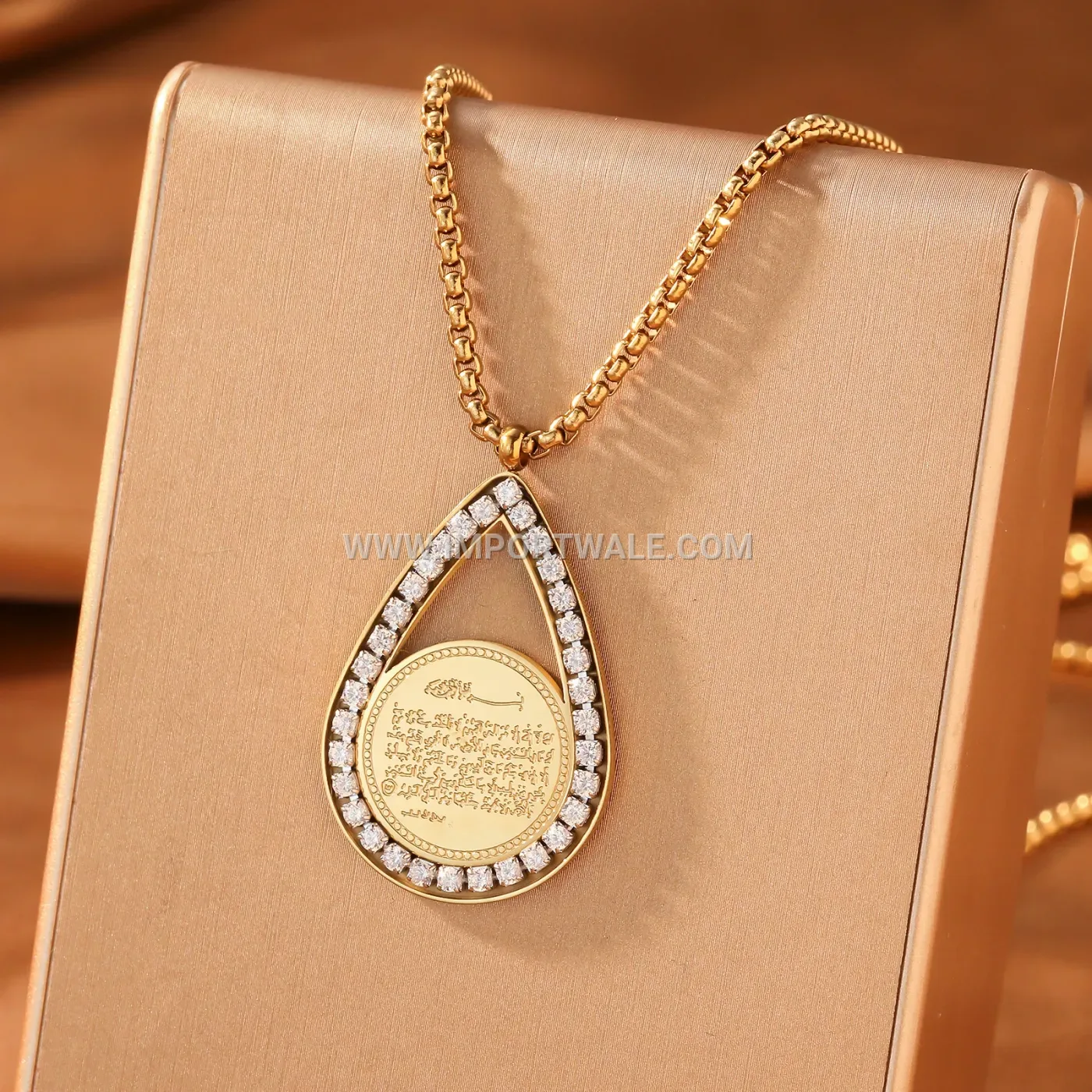 Stainless Steel Ayatul Kursi Calligraphy Teardrop Pendant Necklace With Zircon