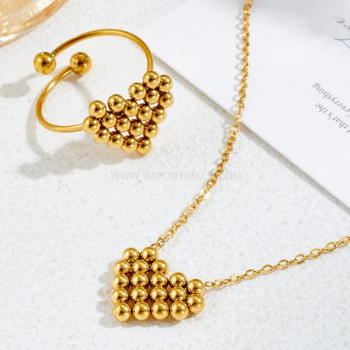 Modern Gold Plated Stainless Steel Beaded Heart Necklace and Ring Set