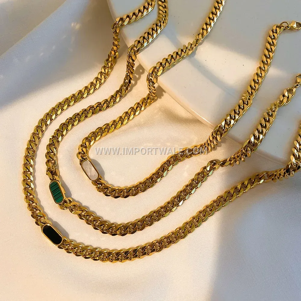 Gold Plated Stainless Steel Cuban Chain Shell Inlay Necklace