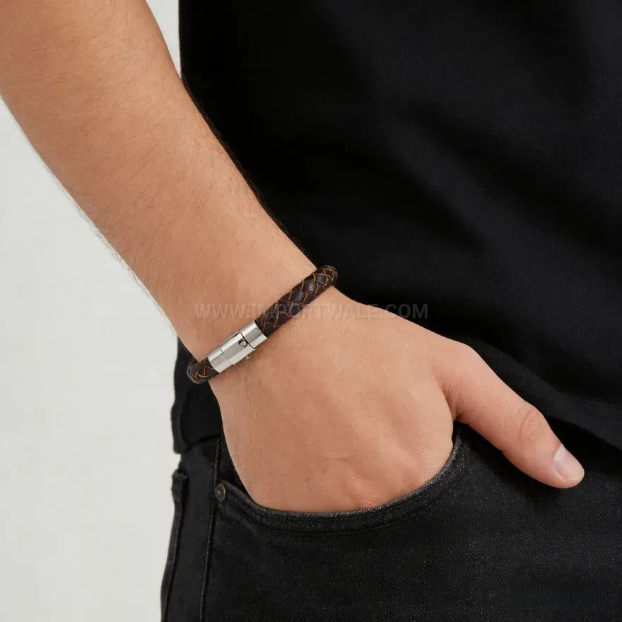 Elegant Minimalist Woven Leather Wristband with Magnetic Clasp