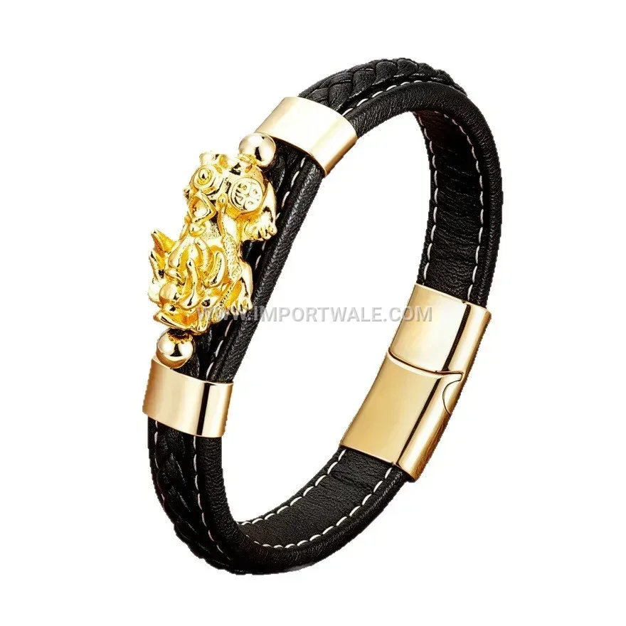 Woven Leather Bracelet with Metallic Pixiu Charm Accents