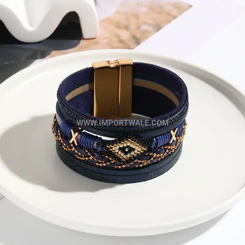 Handmade Woven Leather Beaded Bracelet with Evil Eye