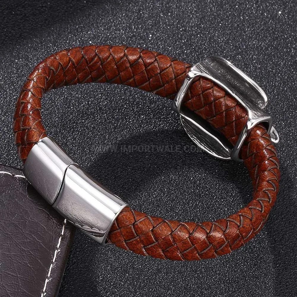 Stylish Braided Brown Leather Wristband with Stainless Steel Magnetic Lock