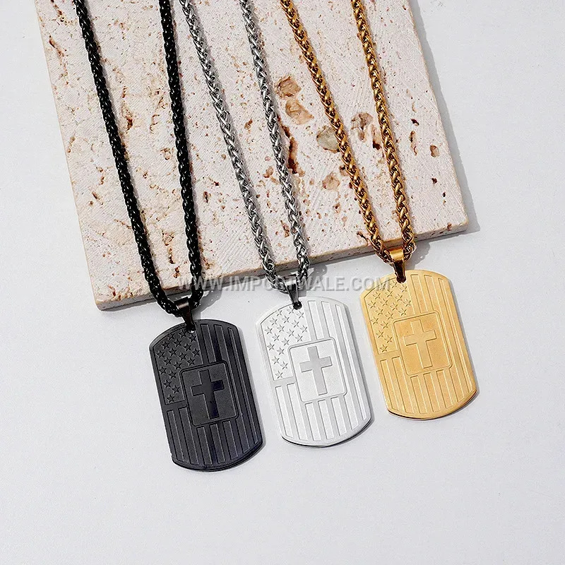 Gold Plated Stainless Steel Flag Cross Dog Tag Pendant Necklace