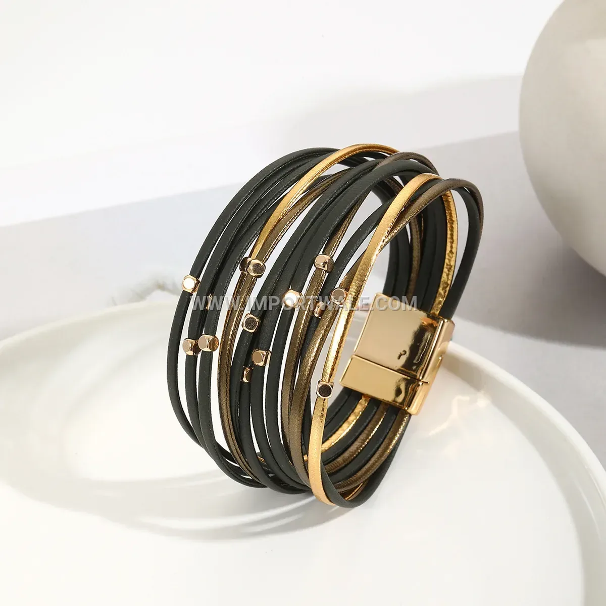 Vintage Metallic Bead Multi Layer PU Leather Bracelet