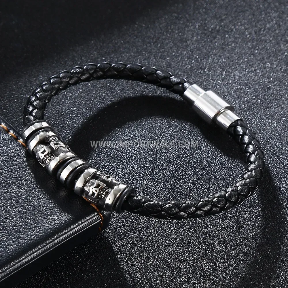 Edgy Skull Accent Leather and Stainless Steel Magnetic Clasp Bracelet