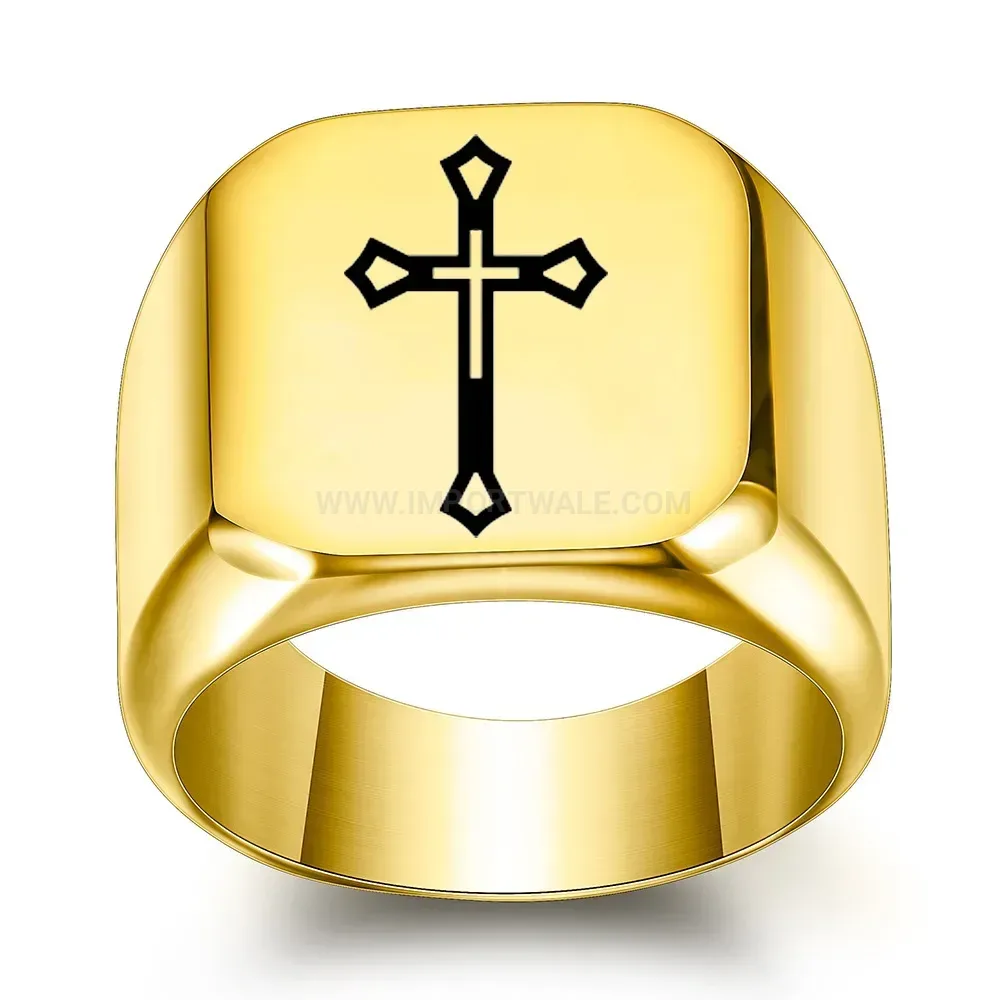 Stylish Polished Square Cross Engraved Stainless Steel Signet Ring