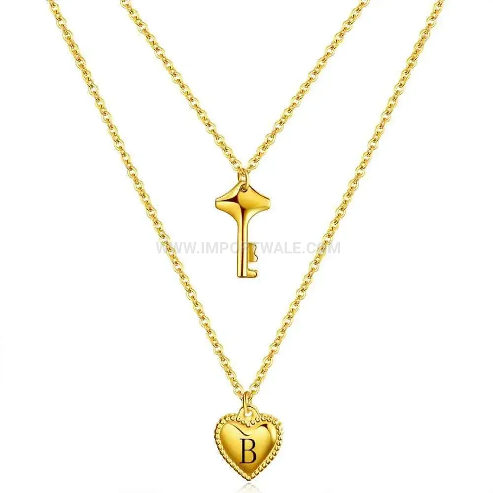 Titanium Steel Initial Letter Key and Heart Pendant Choker Necklace
