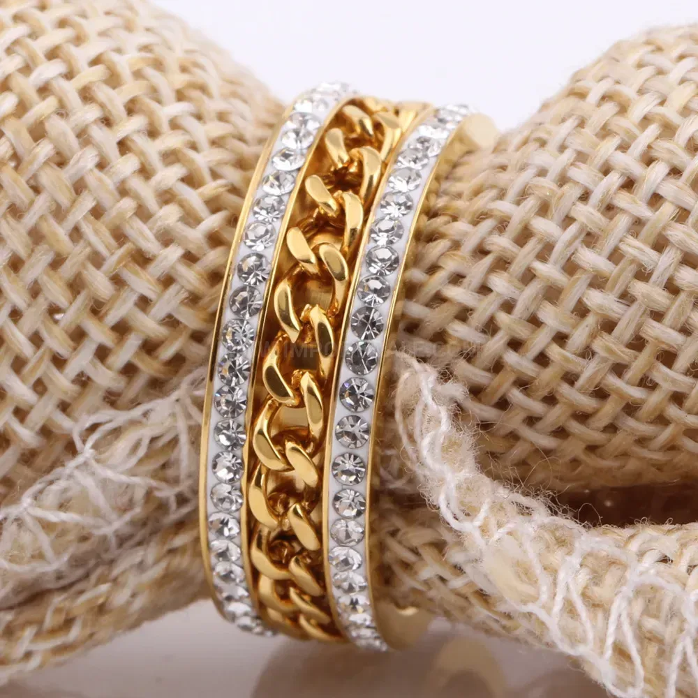 Twisted Chain Double Row Crystal Gold Plated Ring
