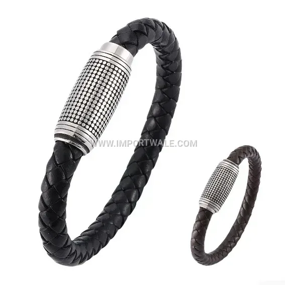 Classic Smooth Leather Wristband with Electroplated Steel Magnetic Closure