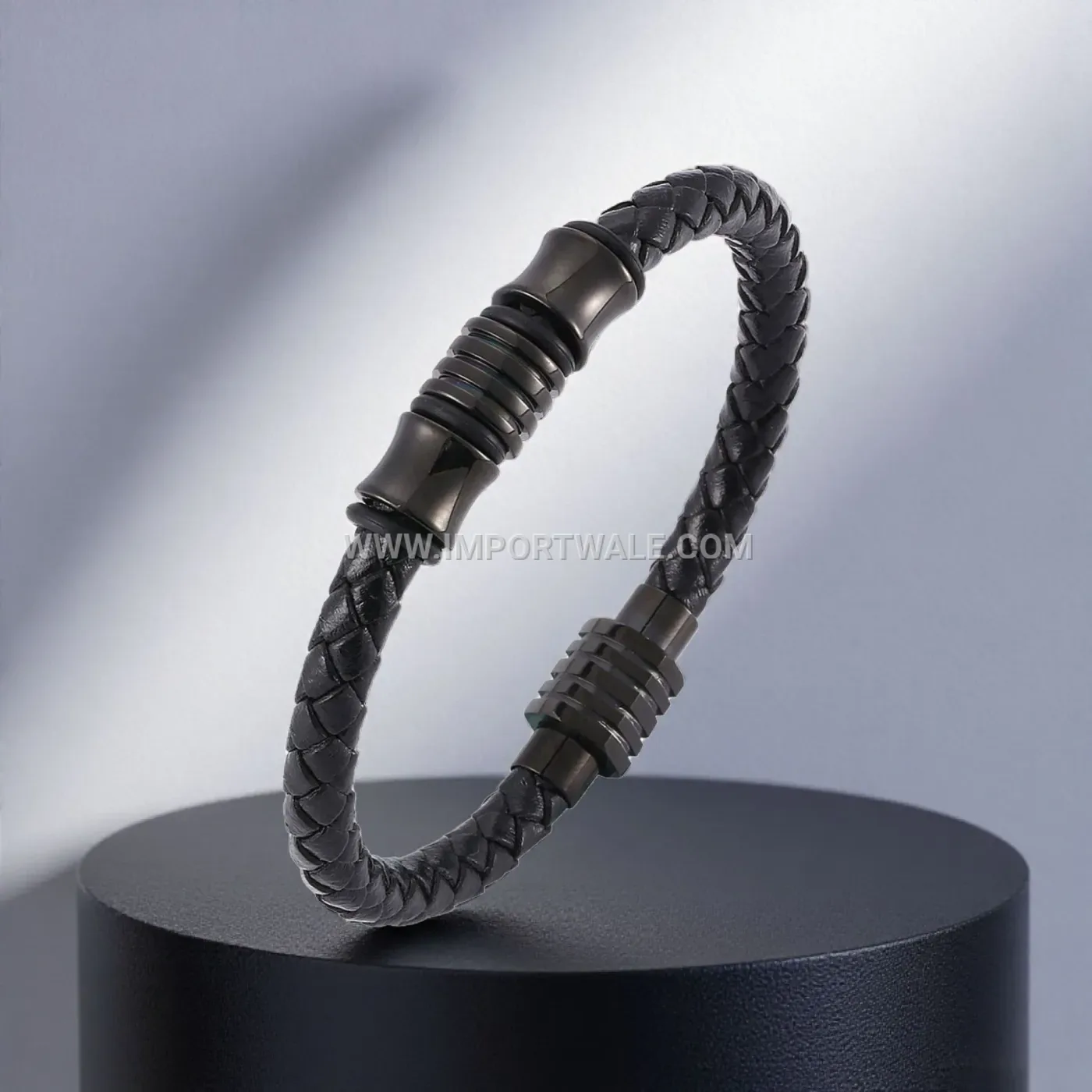 Woven Black Leather Wristband with Stainless Steel Magnetic Clasp