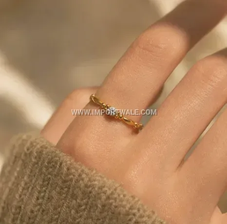 Geometric Bamboo Accent Zircon Stainless Steel Open Ring