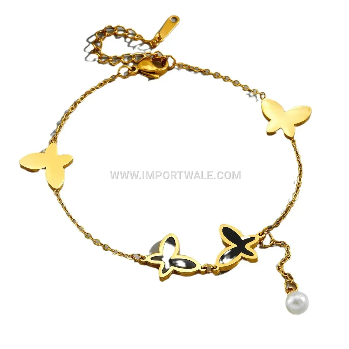 Gold Titanium Steel Butterfly Pearl Tassel Anti Tarnish Anklet