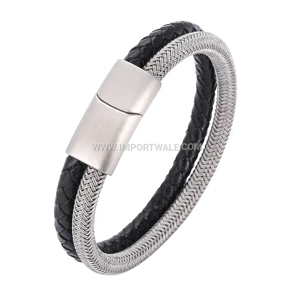 Steel Wire and Black Leather Combination Bracelet with Magnetic Clasp
