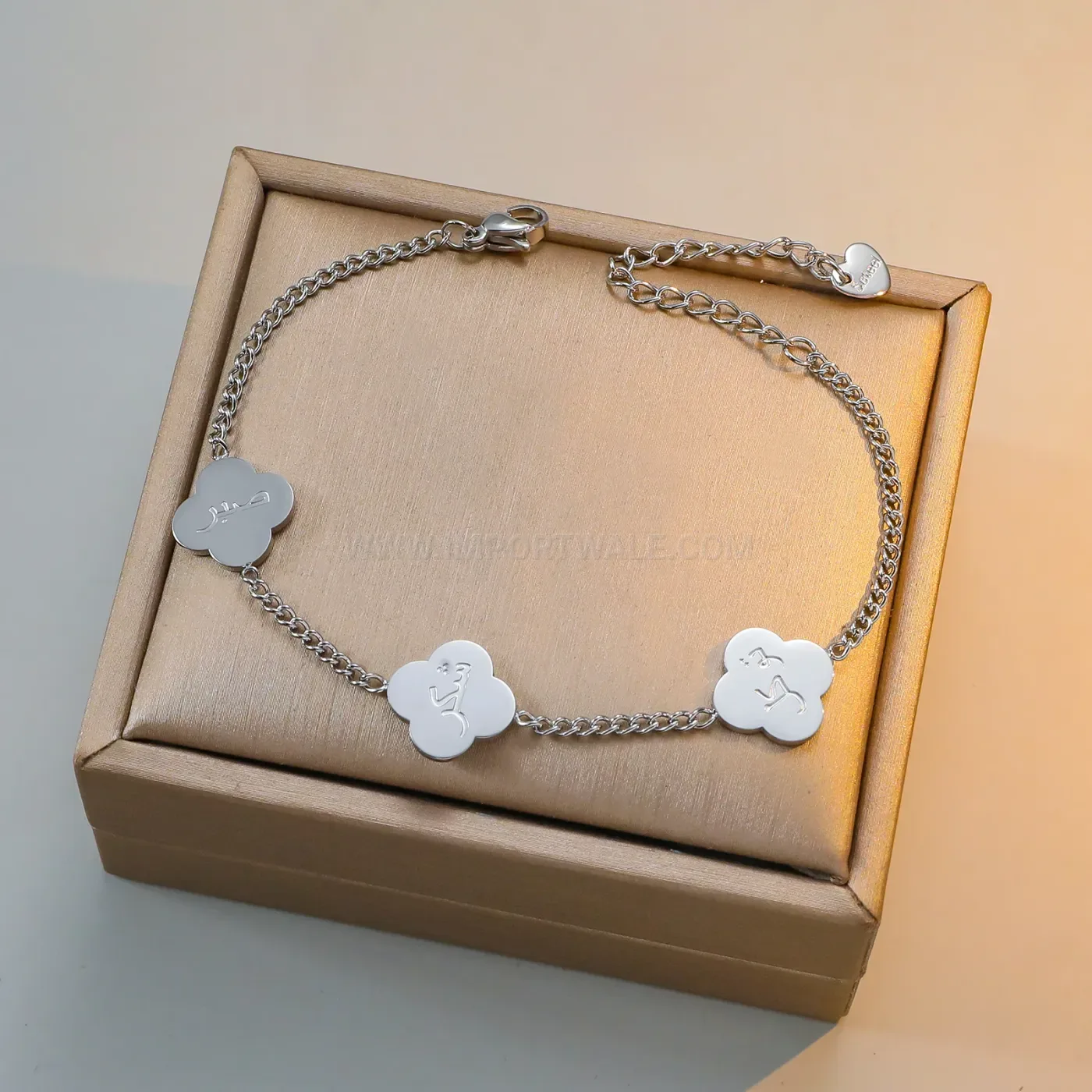 Stylish Gold Plated Stainless Steel Four Leaf Clover Charm Bangle Bracelet
