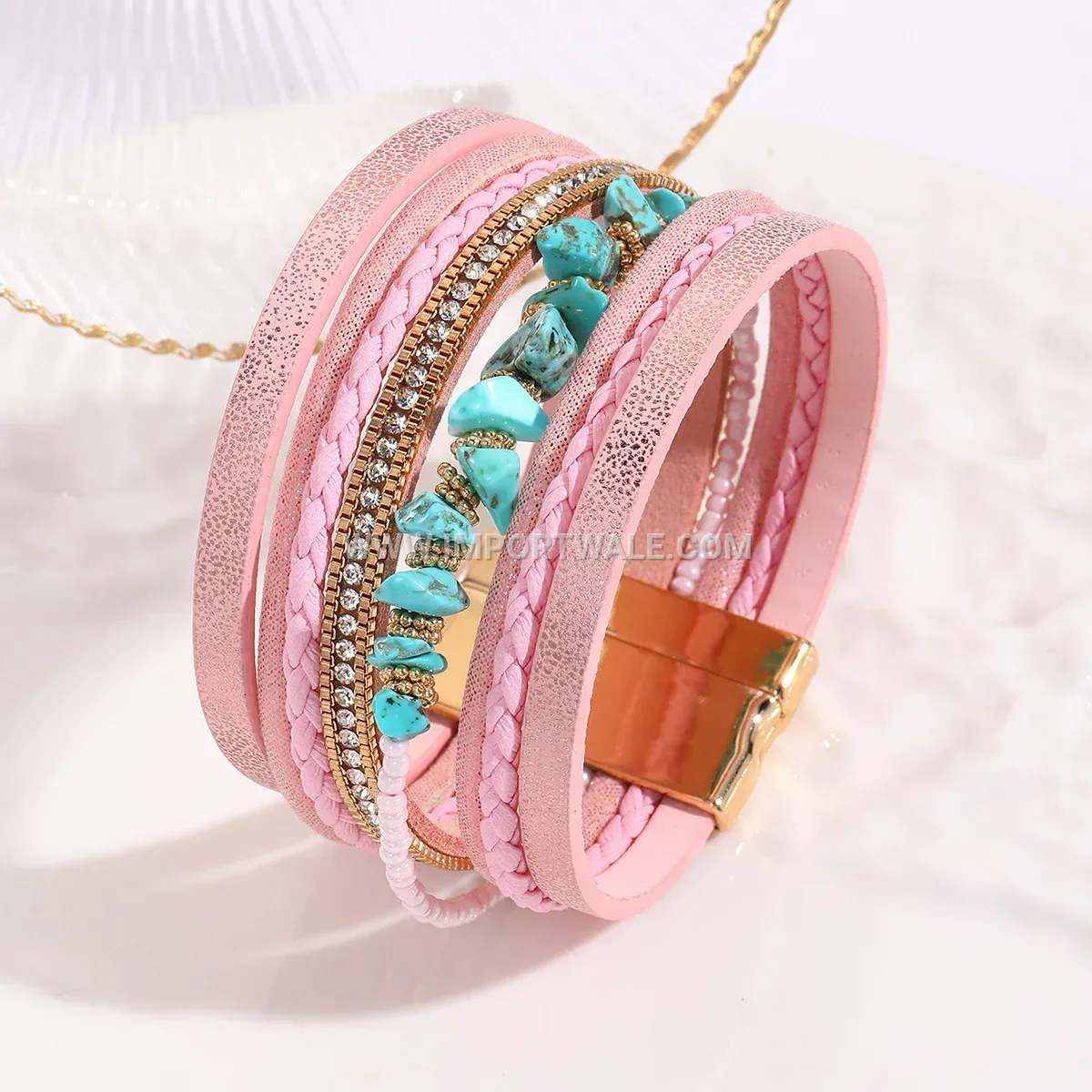 Bohemian Turquoise Wide Leather Cuff Bracelet With Magnetic Clasp