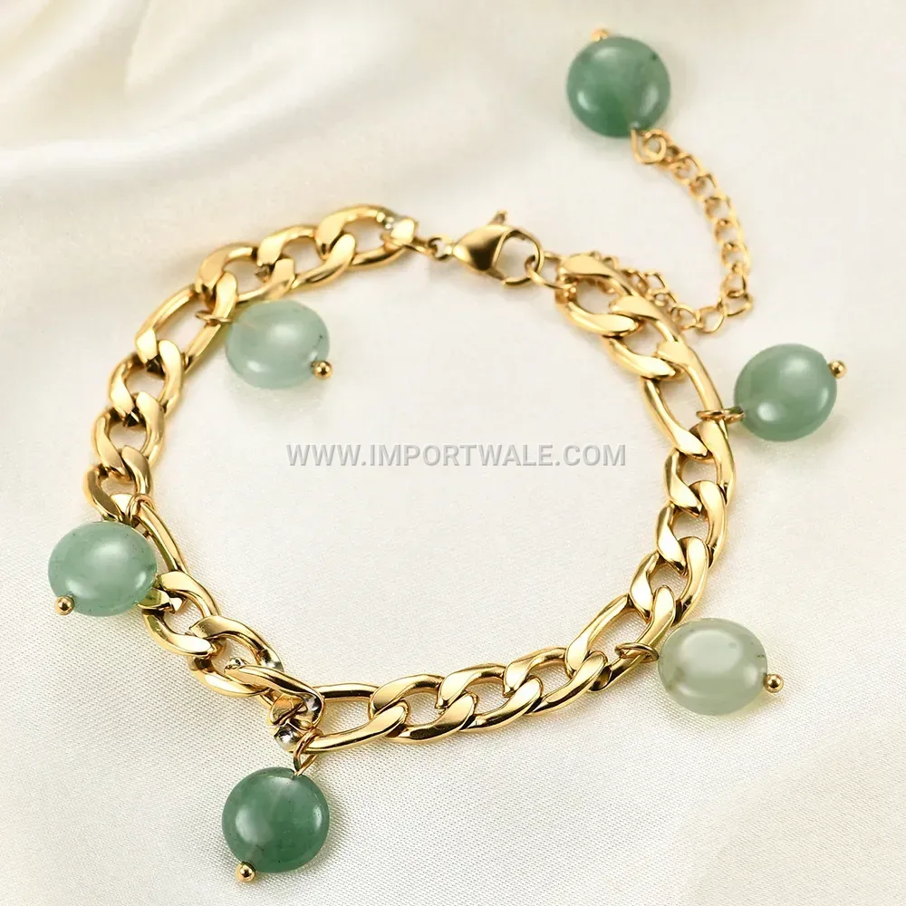 Green Natural Stone Tassel Figaro Chain Stainless Steel Bracelet