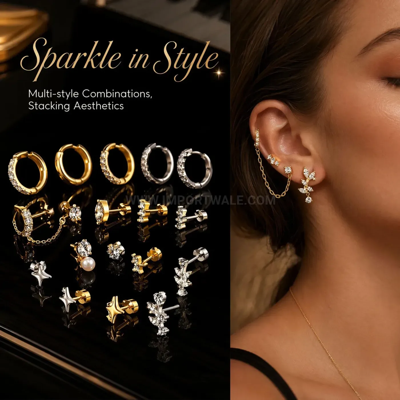 Premium Luxurious Cubic Zirconia and Stainless Steel Chain Cartilage Stud Set