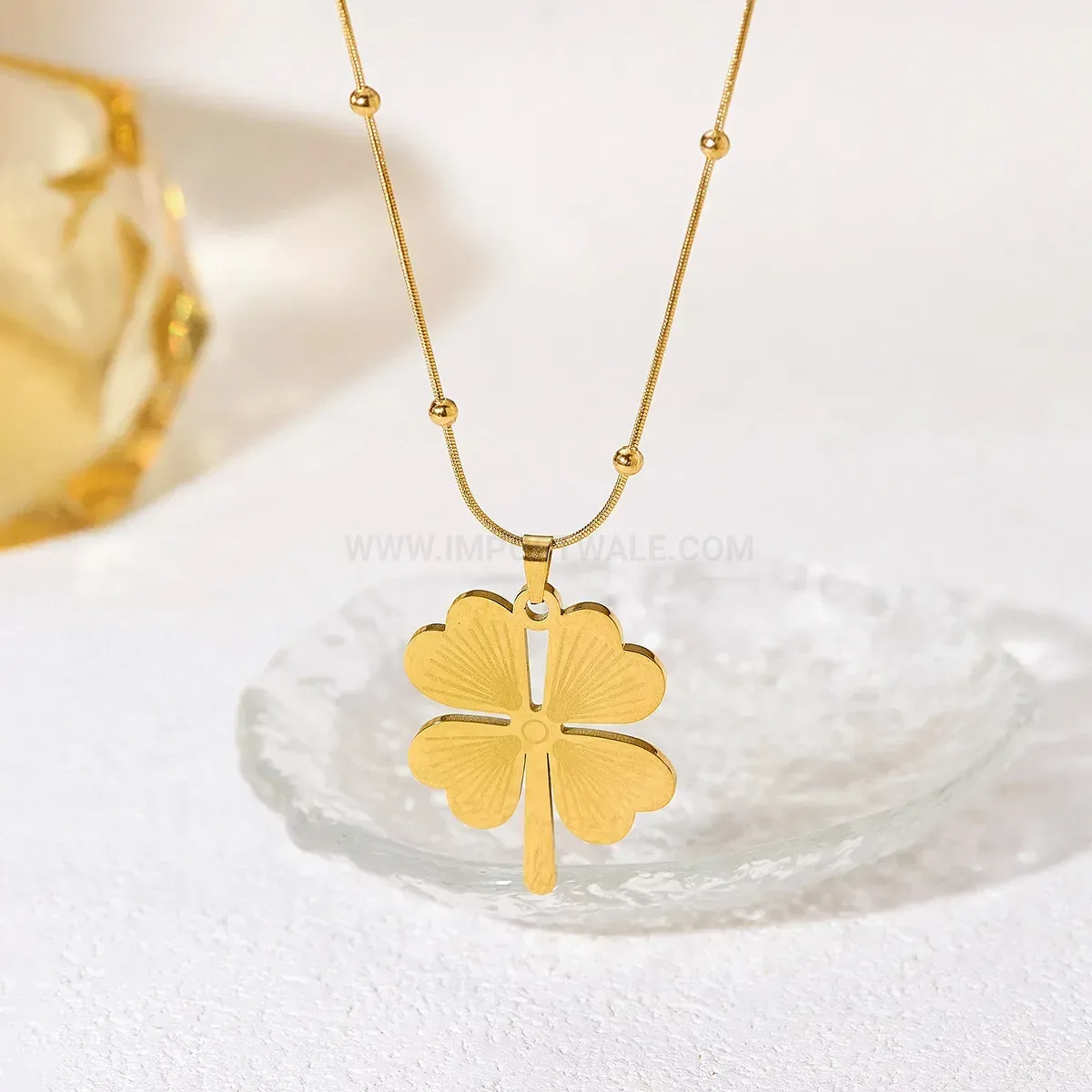 Gold Stainless Steel Four-Leaf Clover Bead Chain Necklace