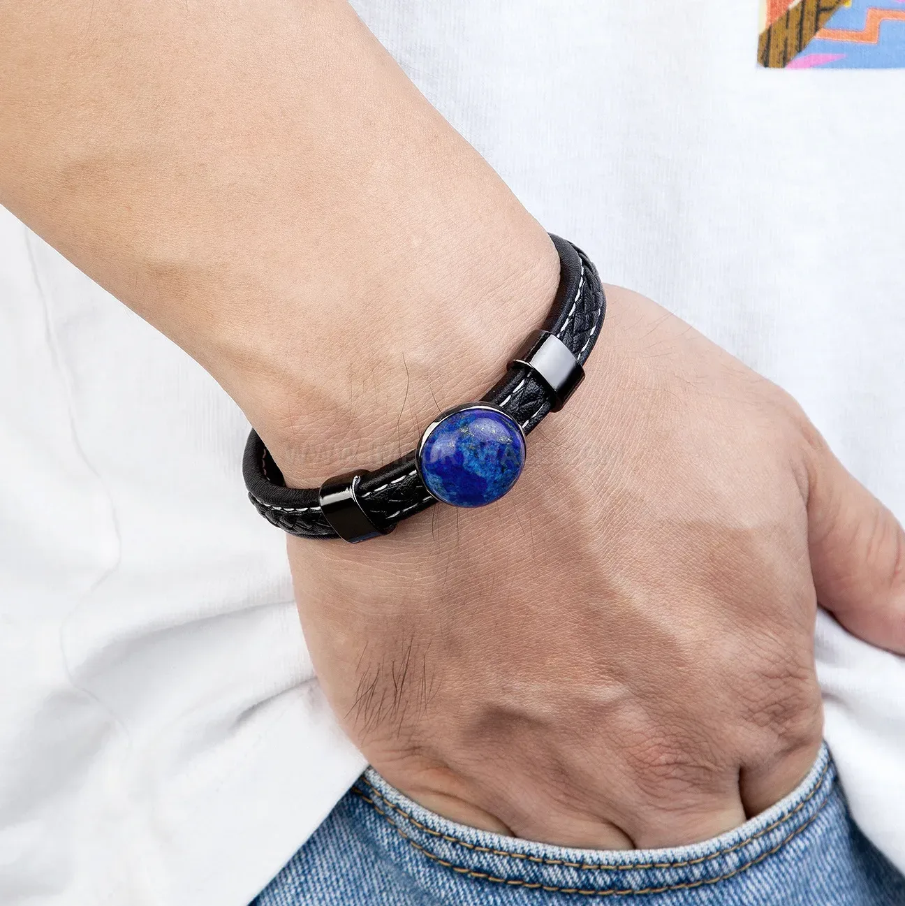 Handcrafted Woven Leather Bracelet with Natural Stone and Stainless Steel Clasp