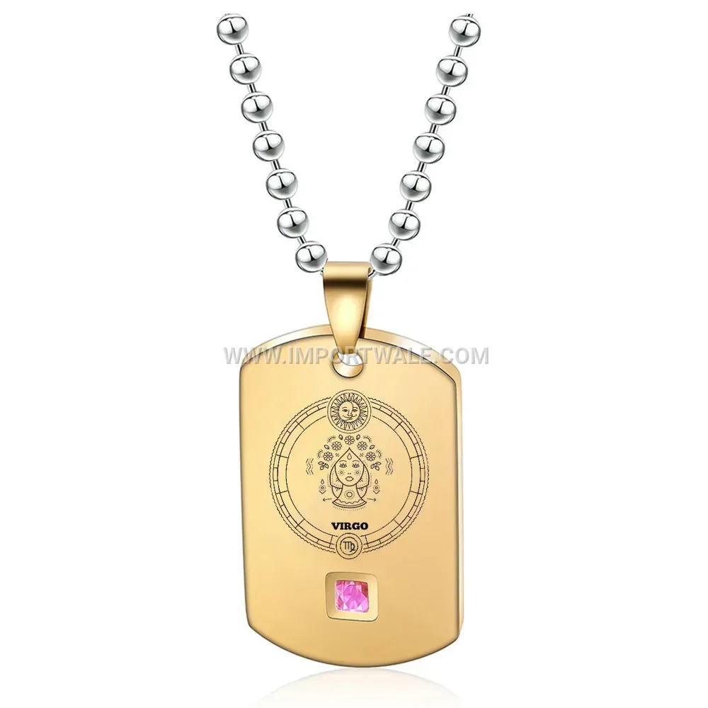 Engraved Stainless Steel Zodiac Tag Layered Pendant Necklace