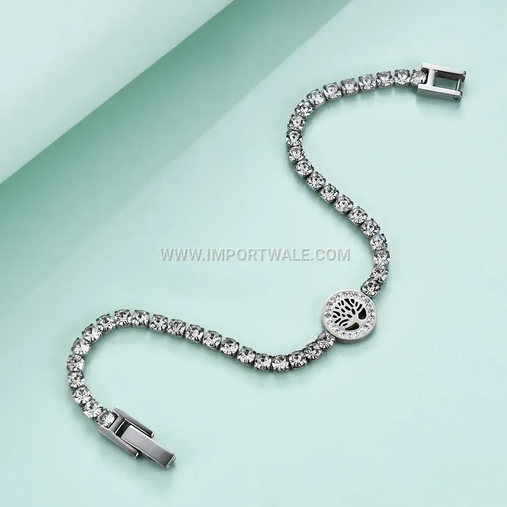 Stainless Steel Tree of Life Charm Bracelet with Zirconia Accent