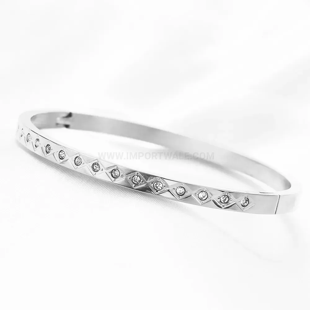 Trendy Rhinestone Diamond Oval Stainless Steel Open Cuff Bangle