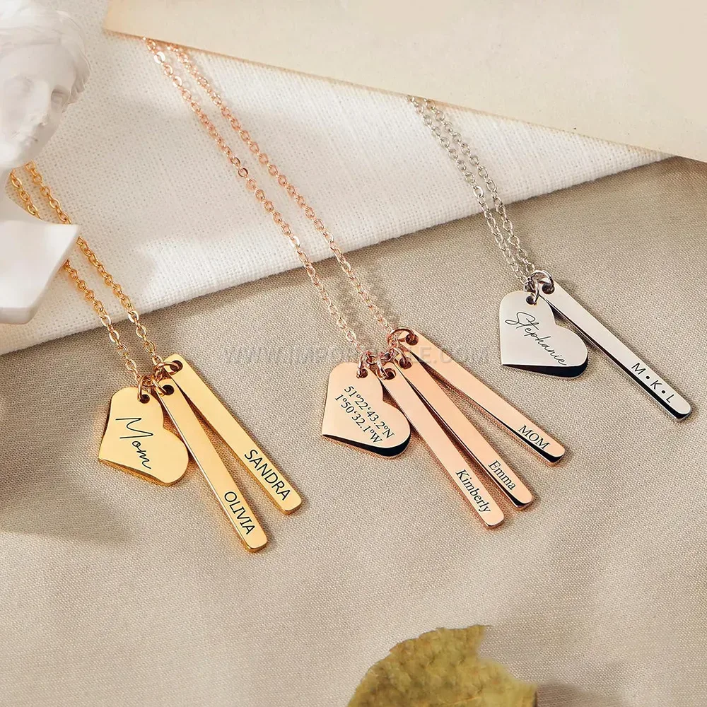 Heart and Bar Charm Stainless Steel Pendant Necklace
