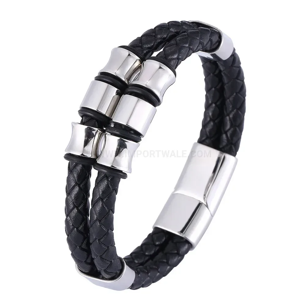 Braided Leather Wristband with Stainless Steel Clasp Closure