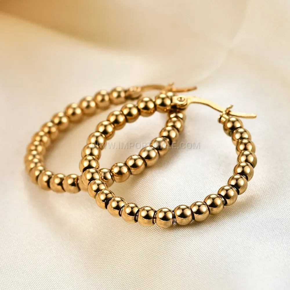 Minimalist 14K Gold Plated Stainless Steel C-Shape Round Bead Hoop Earrings