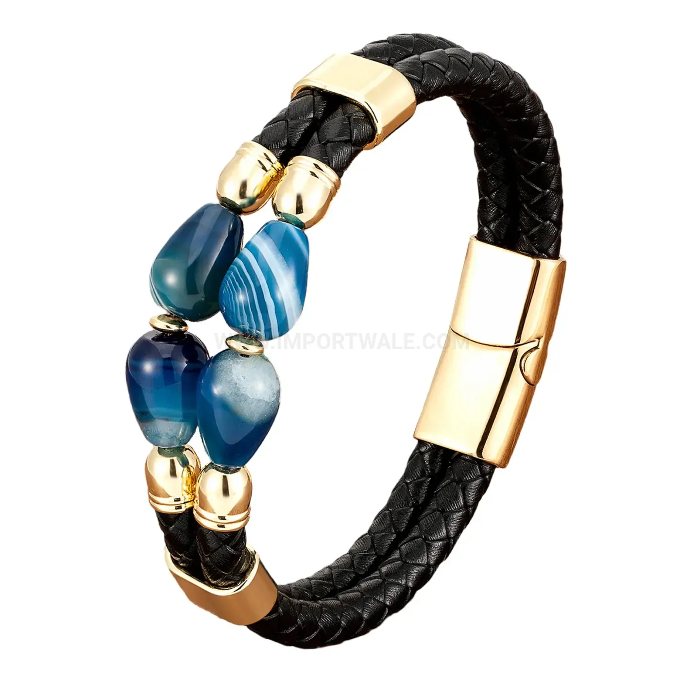 Braided Leather Stone Bracelet with Stainless Steel Clasp