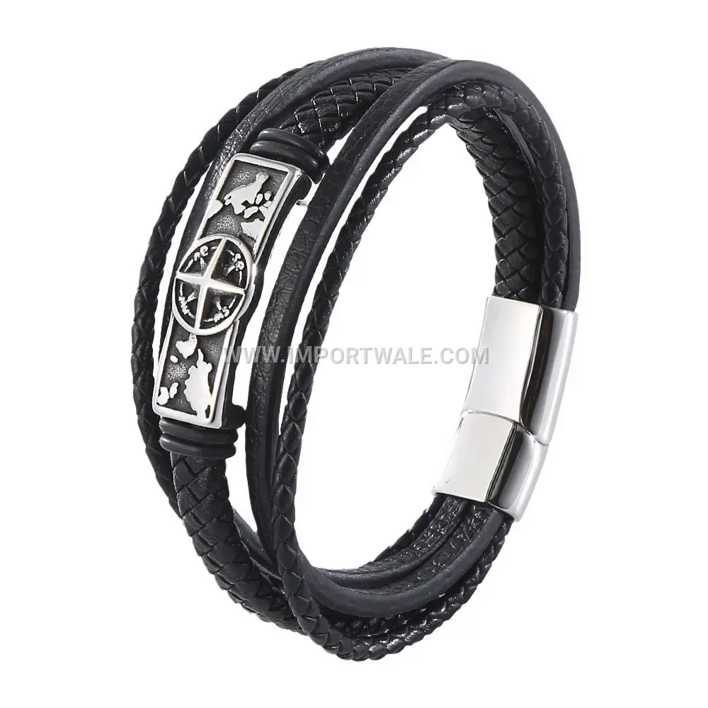 Layered Leather Cord Men Bracelet featuring Stainless Steel Accents