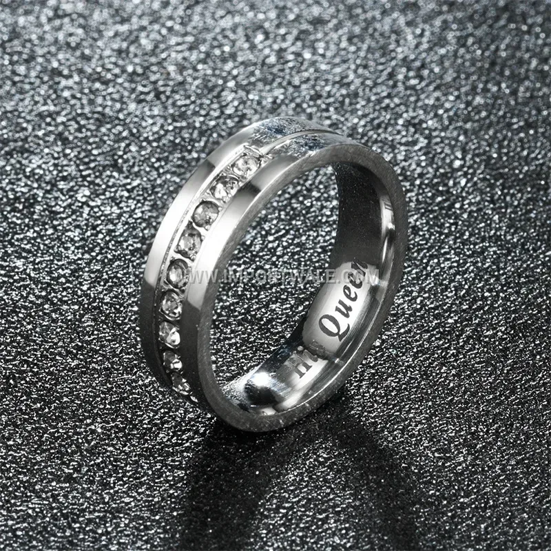 Crown Motif Stainless Steel Crystal Accent Couple Ring