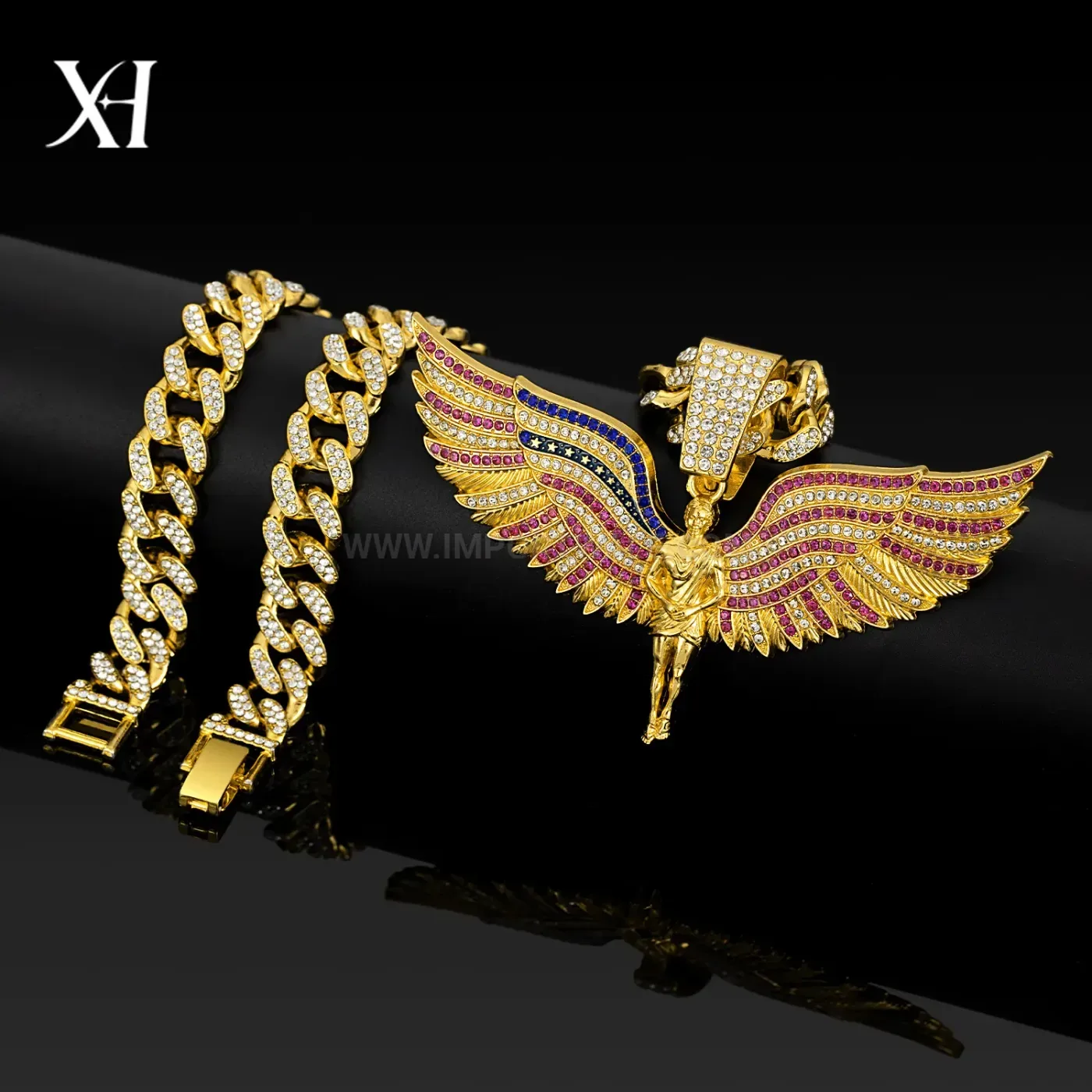 Iced Out Angel Wings Flag Hip Hop Pendant