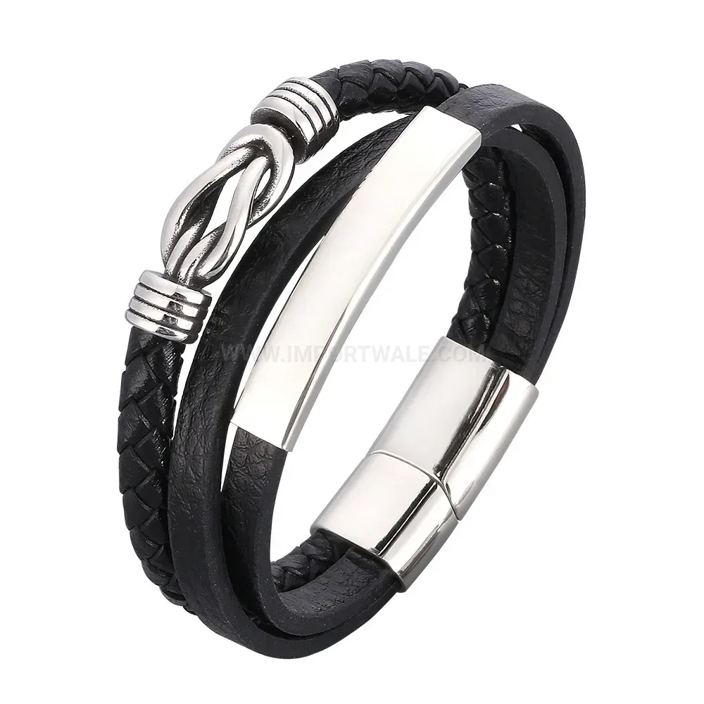 Multi-Strand Black Leather Cuff Bracelet with Plated Stainless Clasp