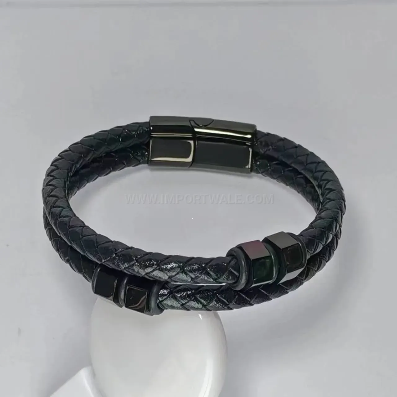 Double-Layer Braided Leather Bracelet with Magnetic Stainless Steel Clasp