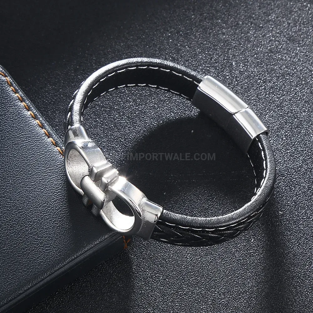 Stitched Braided Leather Wristband with Steel Clasp