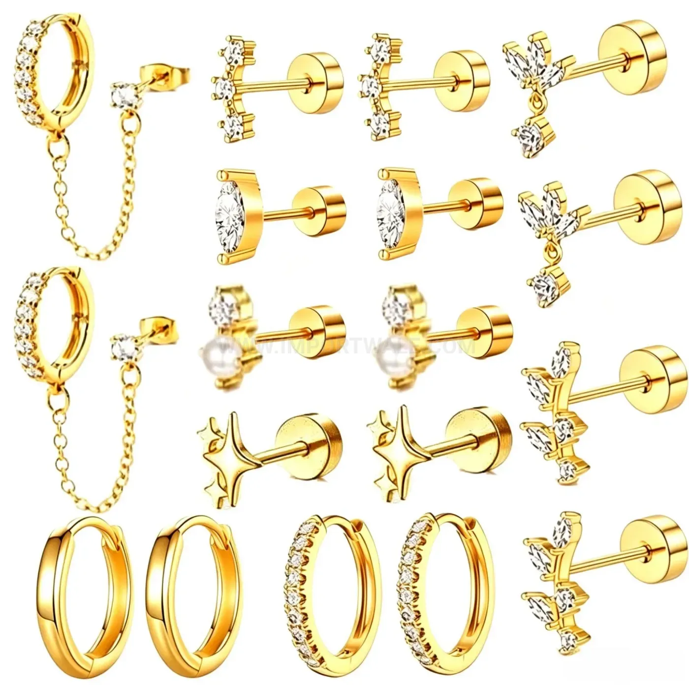 Premium Luxurious Cubic Zirconia and Stainless Steel Chain Cartilage Stud Set