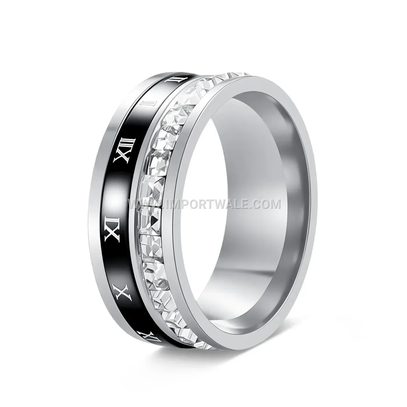 Roman Numeral Rhinestone Stainless Steel Spinner Band Ring