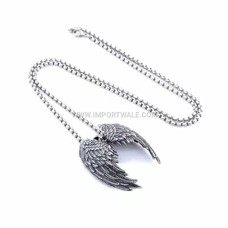 Polished Stainless Steel Angel Wings Motif Pendant