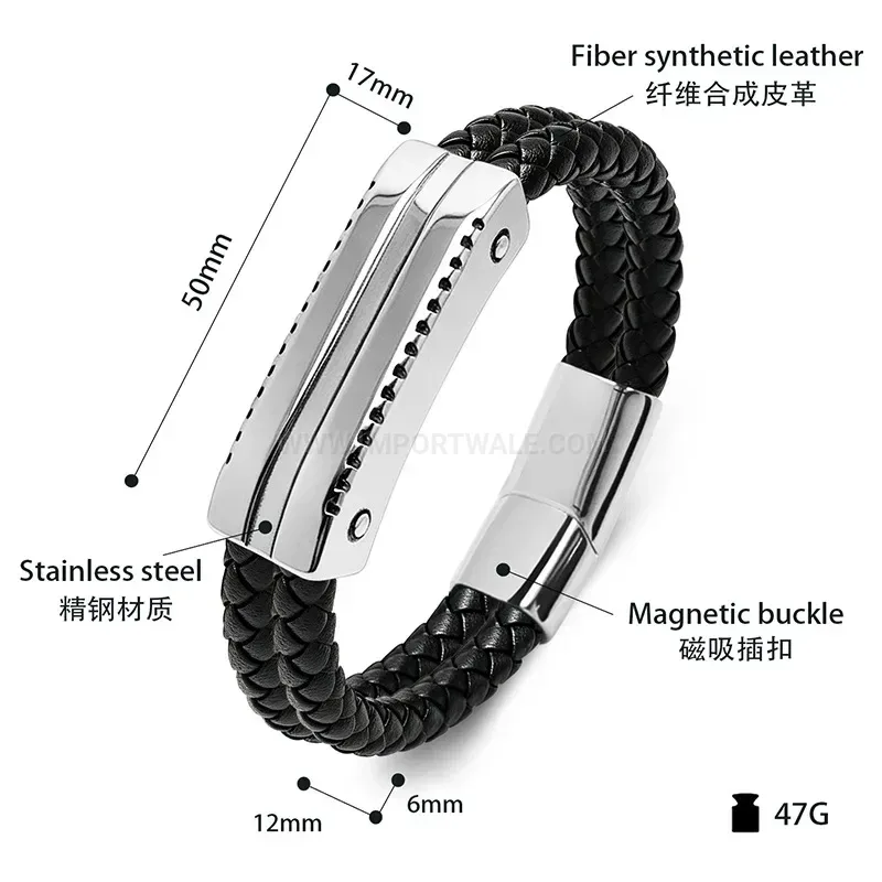 Fashion Men's Two-Tone Braided Leather Stainless Steel Punk Bracelet
