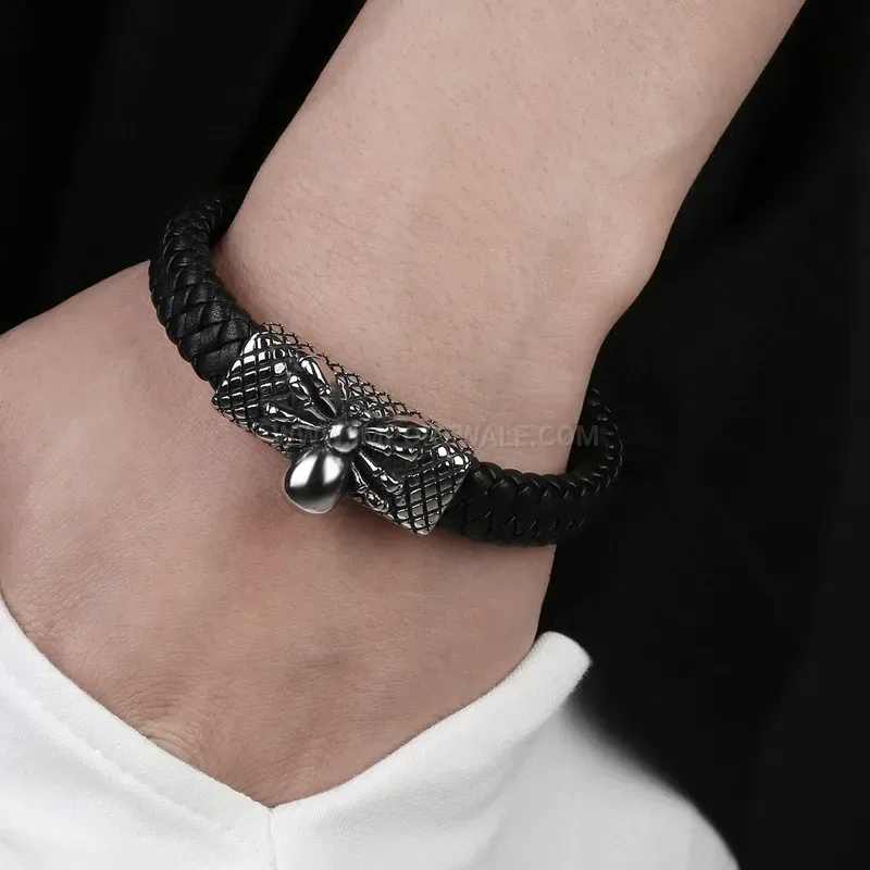 Designer Spider Motif Stainless Steel and Braided Leather Men Bracelet