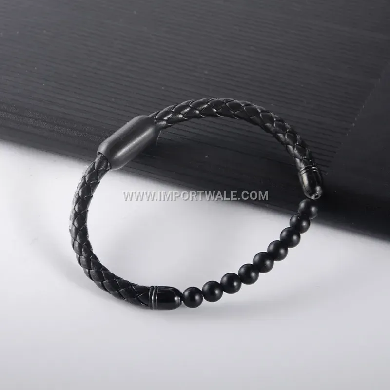 Braided Leather and Stainless Steel Magnetic Clasp Bracelet